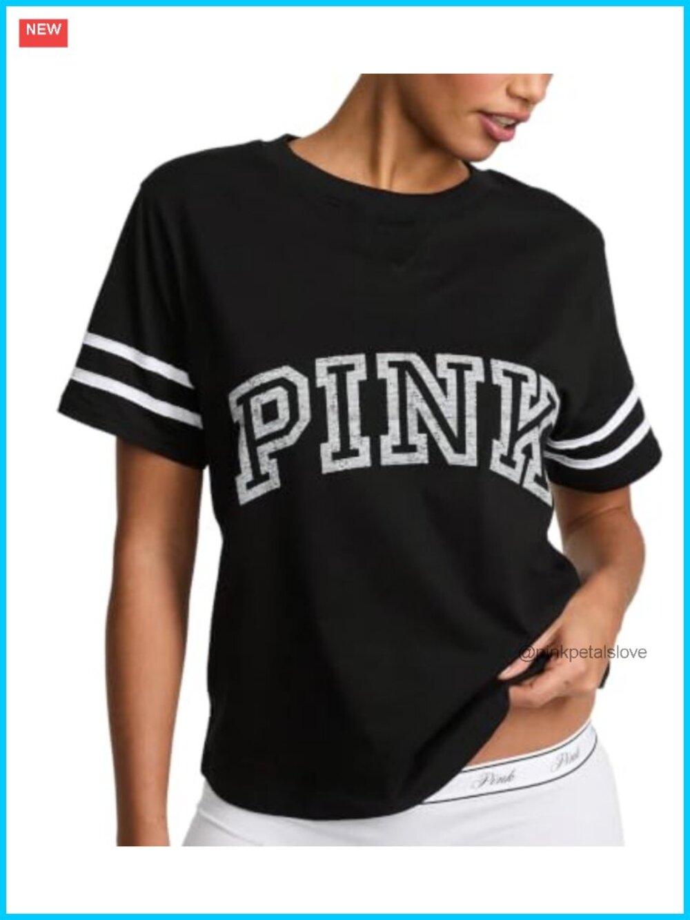 Pink Campus Cotton V-Stitch Boxy Crewneck Tee Women's Casual Top